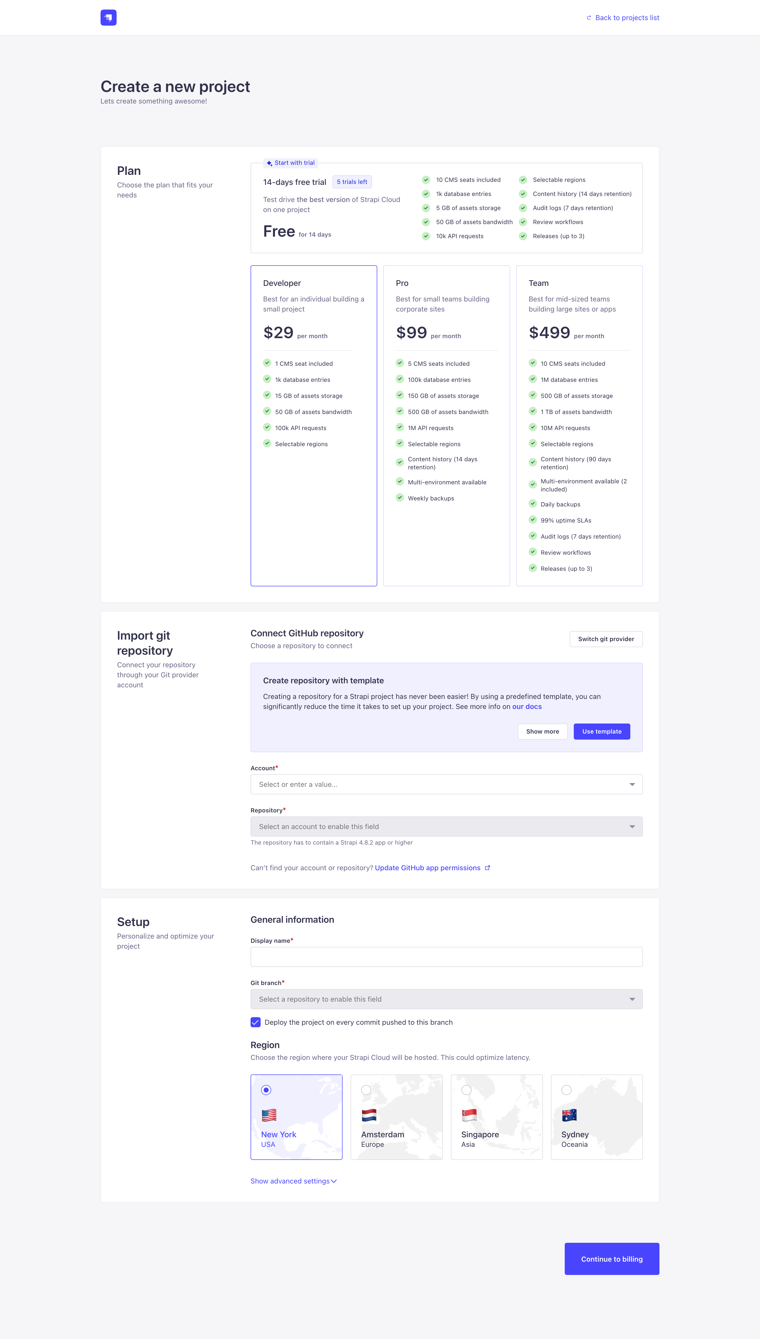 Strapi Cloud project creation, step 1