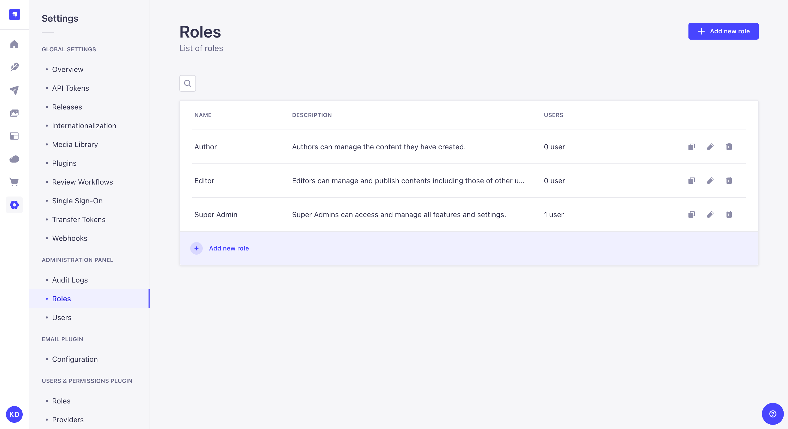 Administrator roles interface